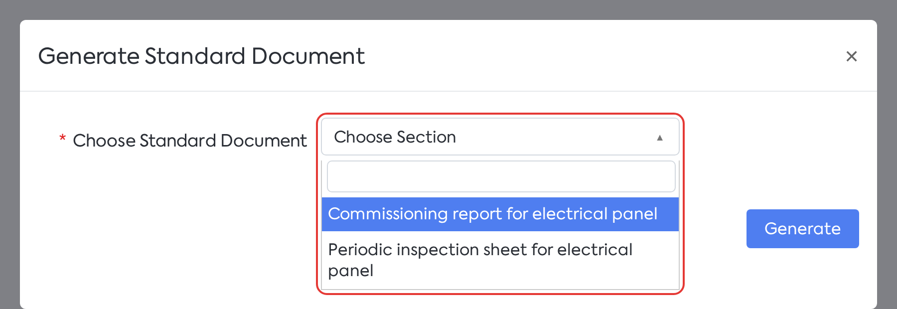 Generate Standard Document window: only templates linked to the equipment's service template appear in the list