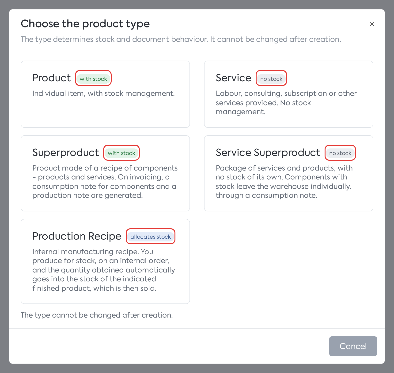 The Choose the product type window: the five types, each with its description and a with stock, no stock, or allocates stock badge