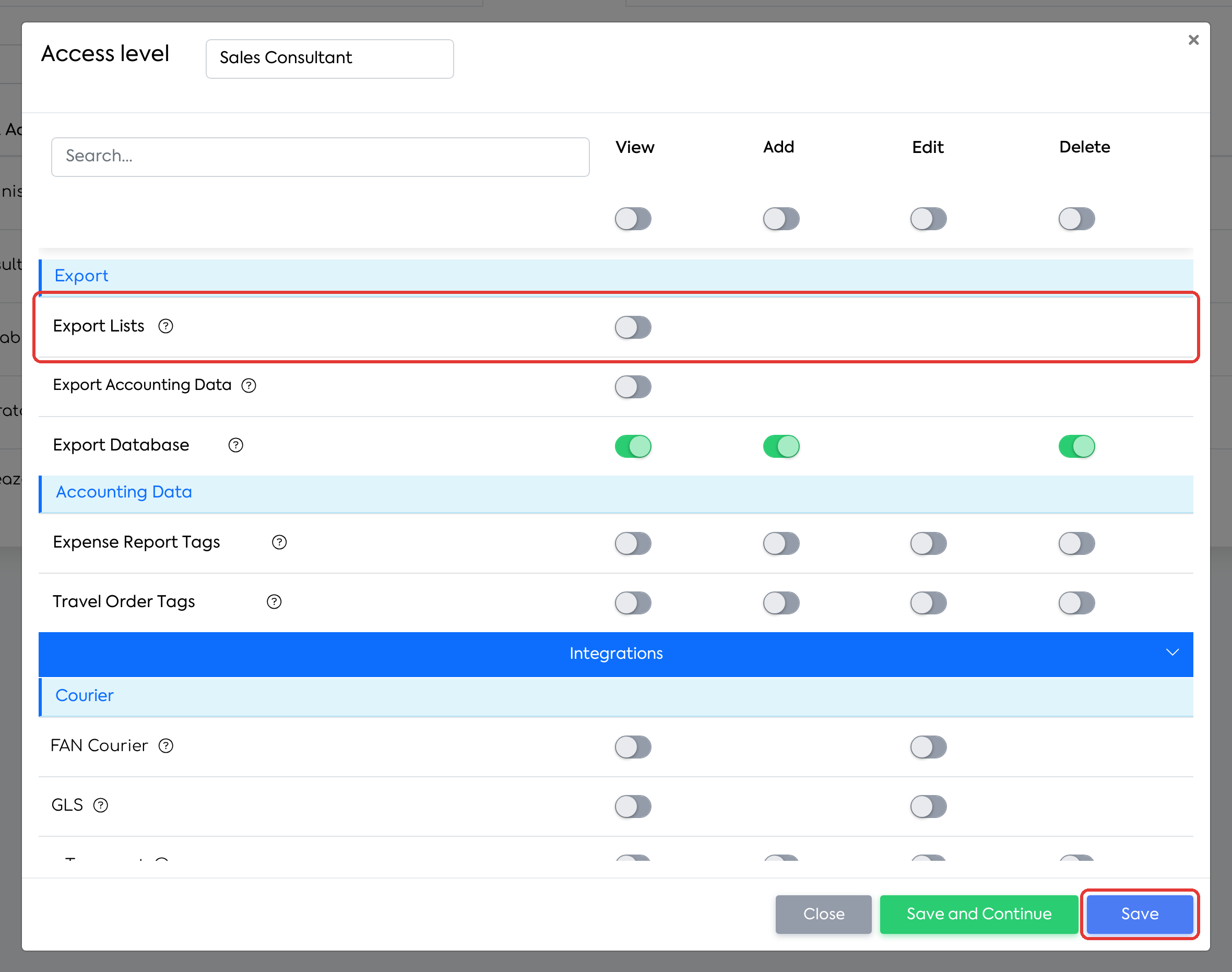 Export Lists disabled for the access level, then Save.