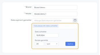 Title: Câmpul pe fișa echipamentului, cu panoul Calculează din data achiziției deschis. - Description: Câmpul pe fișa echipamentului, cu panoul Calculează din data achiziției deschis.