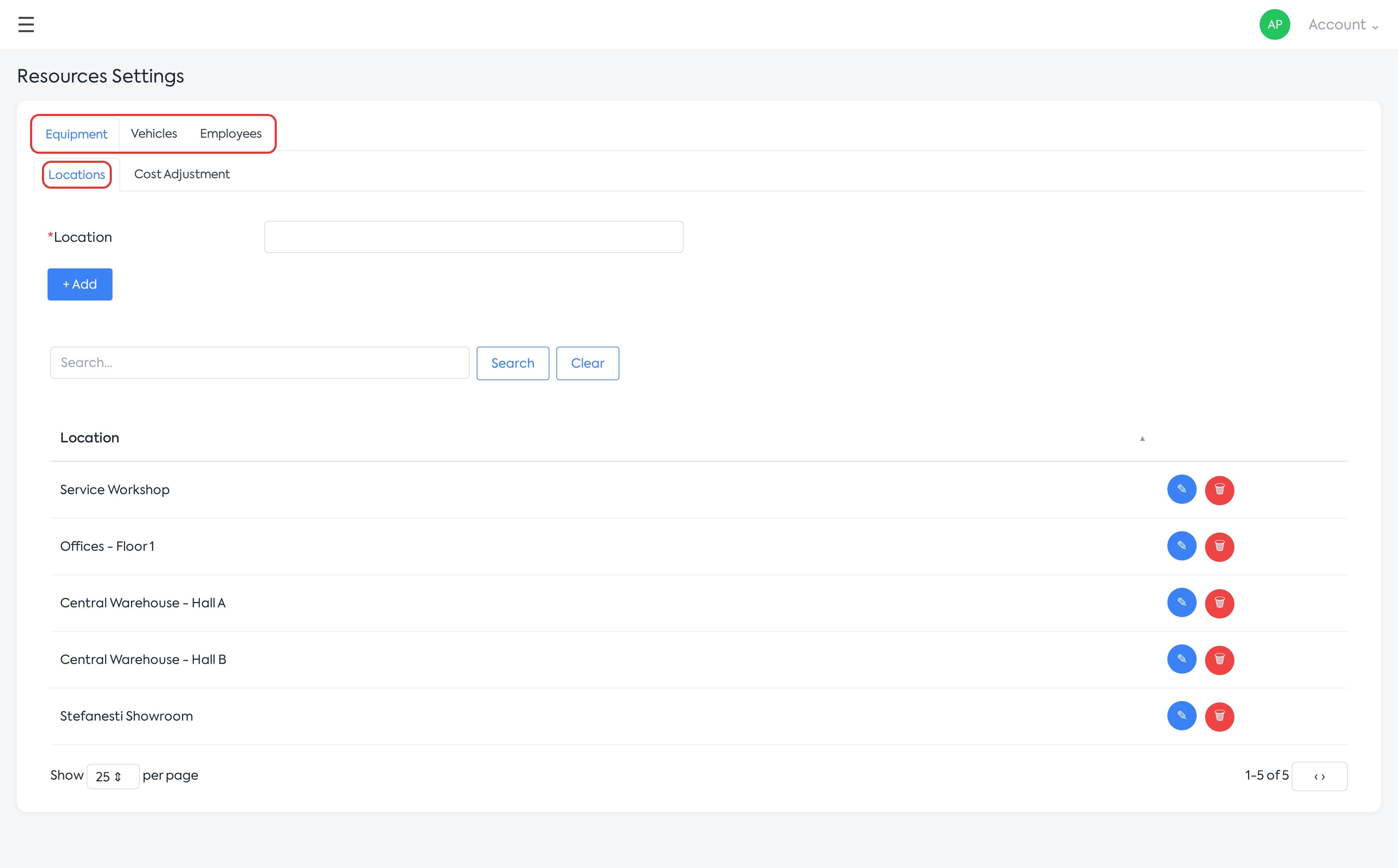 The Resources Settings page, Equipment tab, Locations sub-tab.