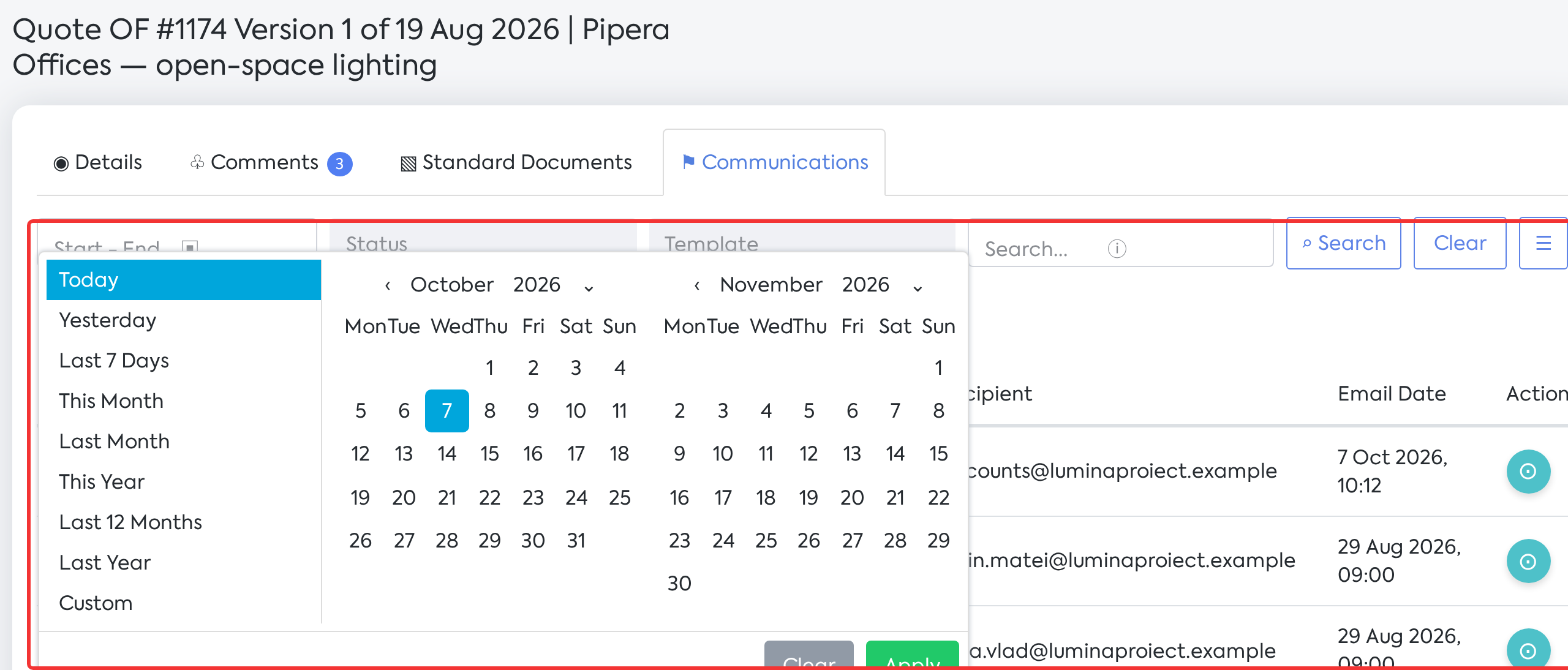 The Start - End filter, with the quick period options, the Status filter and the search by recipient.