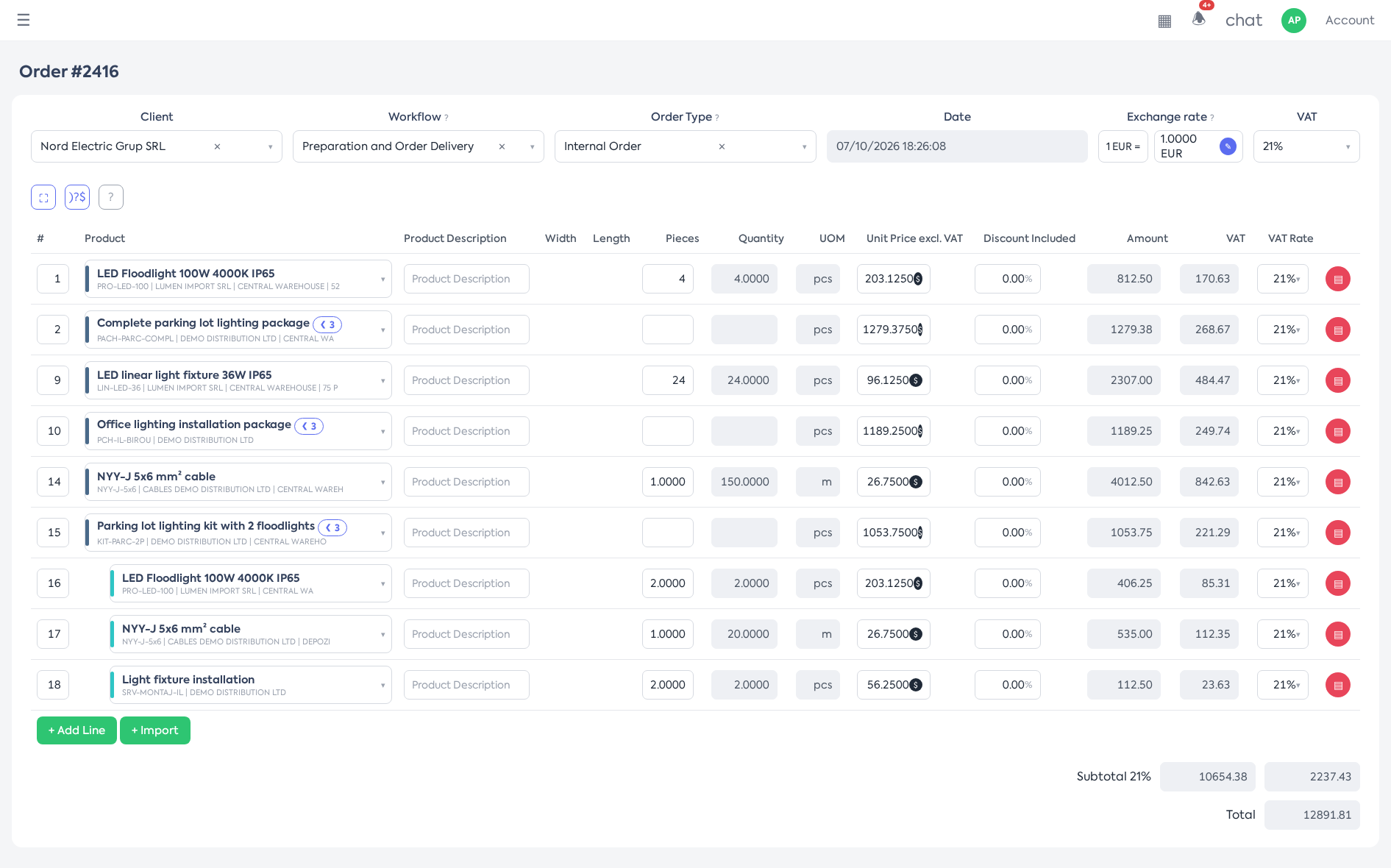 The newly added superproduct appears expanded, with its components loaded and component buttons
