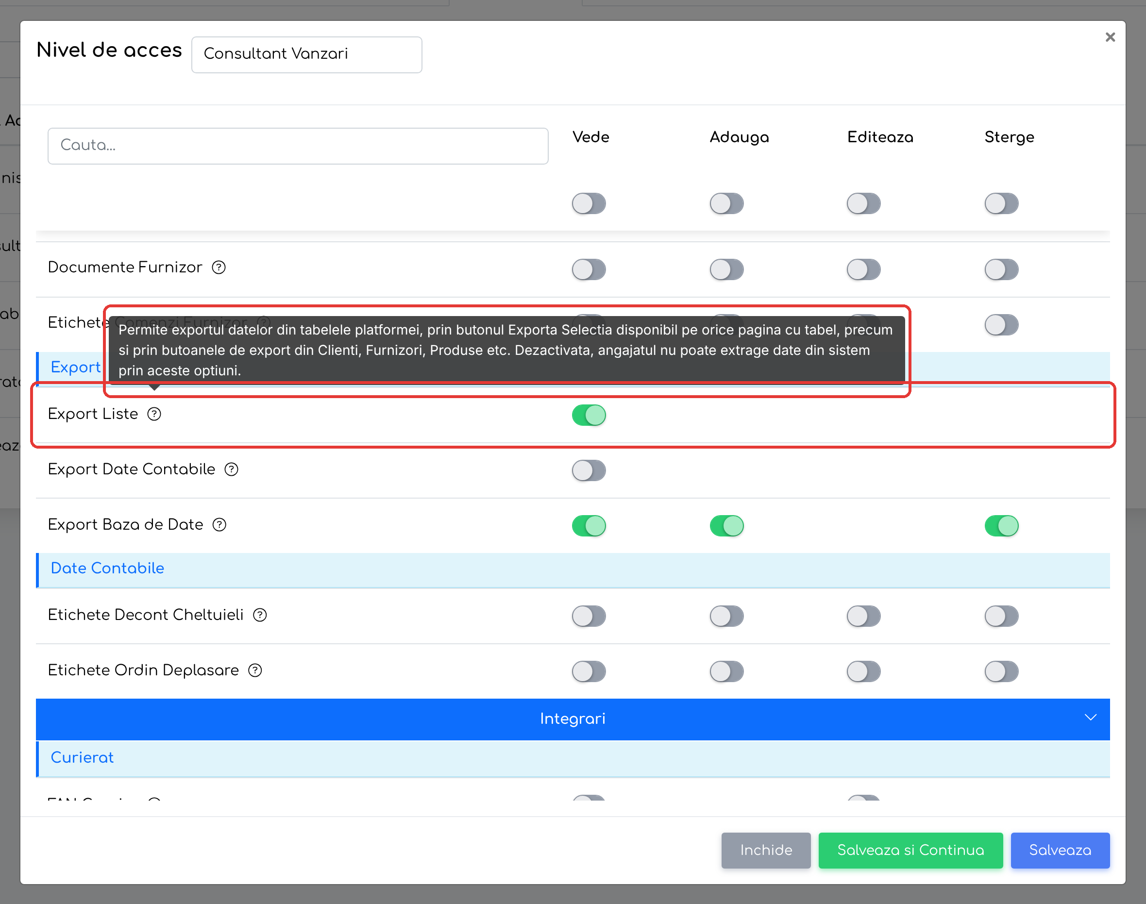 Rândul Export Liste, primul din subcategoria Export, cu explicația iconiței „?”.