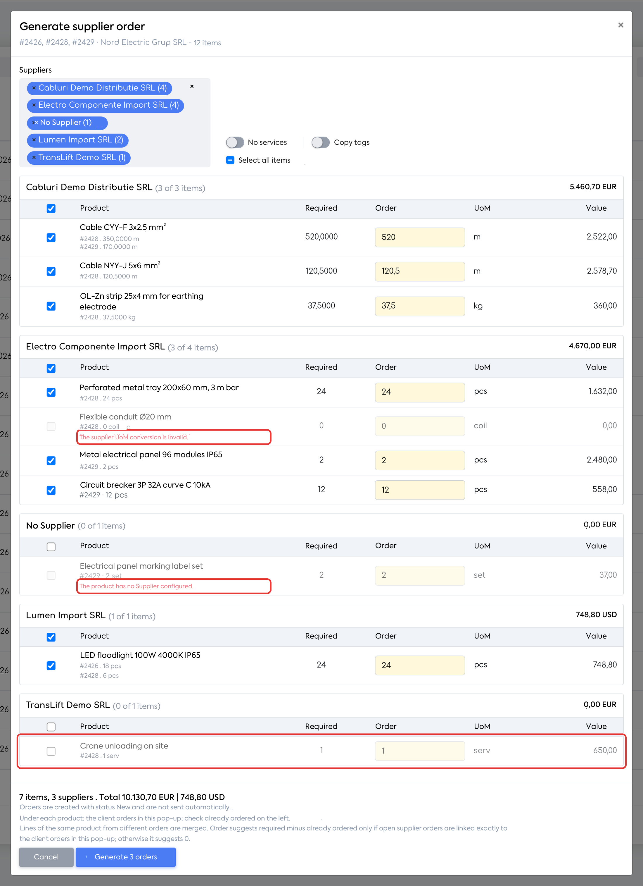 A product without a supplier, a product with an invalid conversion and a service shown with No services turned off.