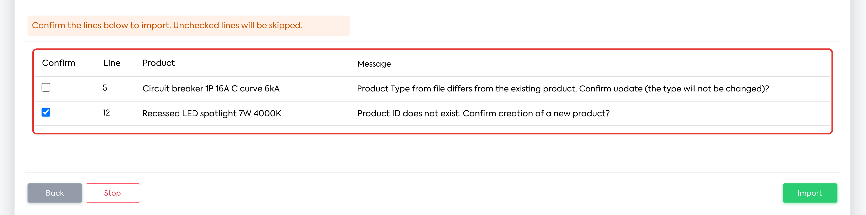 Lines to confirm: the line with a type different from the existing product is unchecked and will not be imported; the product with a non-existent ID will be created.