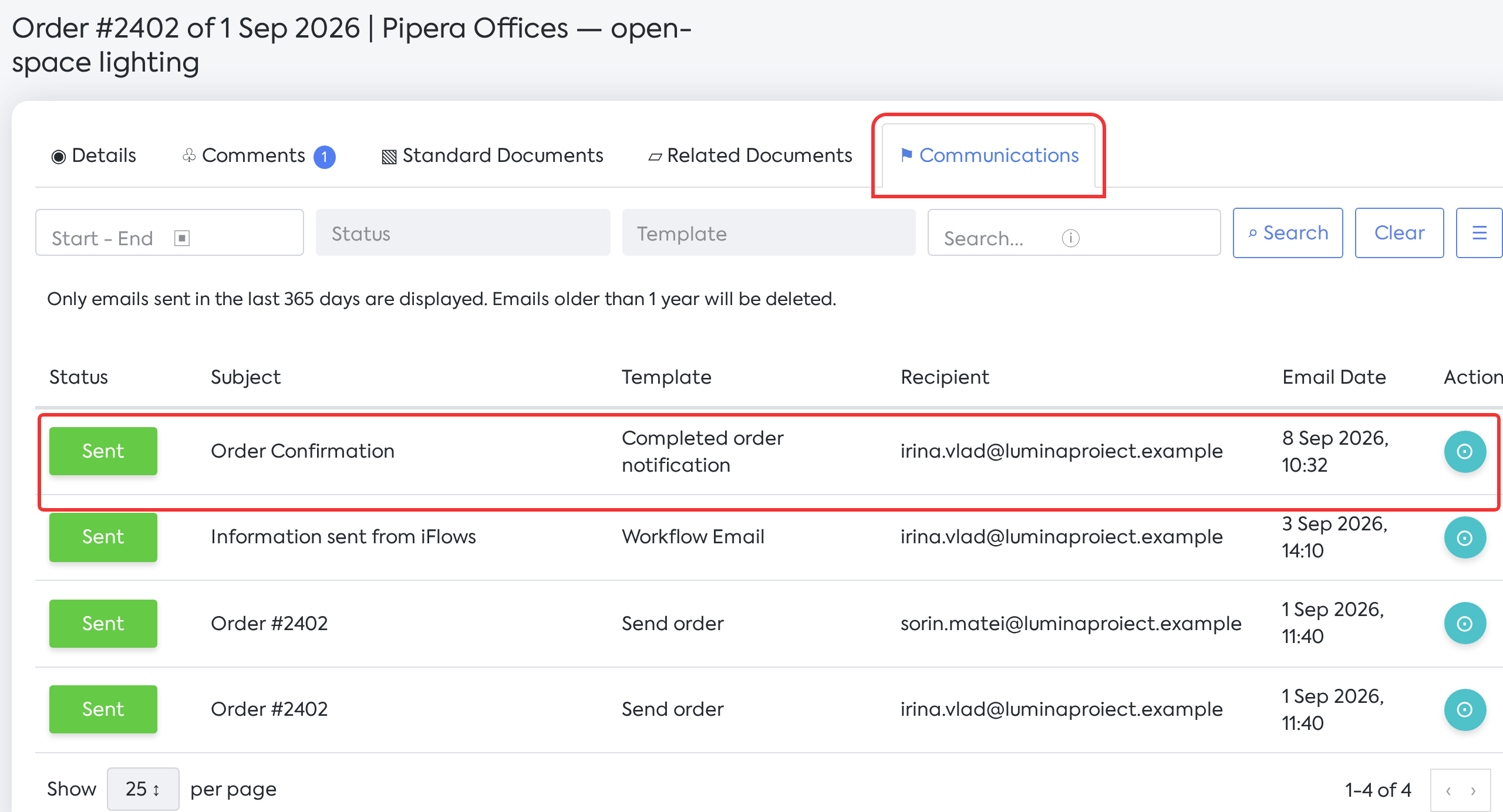 Order #2402: the order sent to the customer, the email from the workflow, and the shipping confirmation.