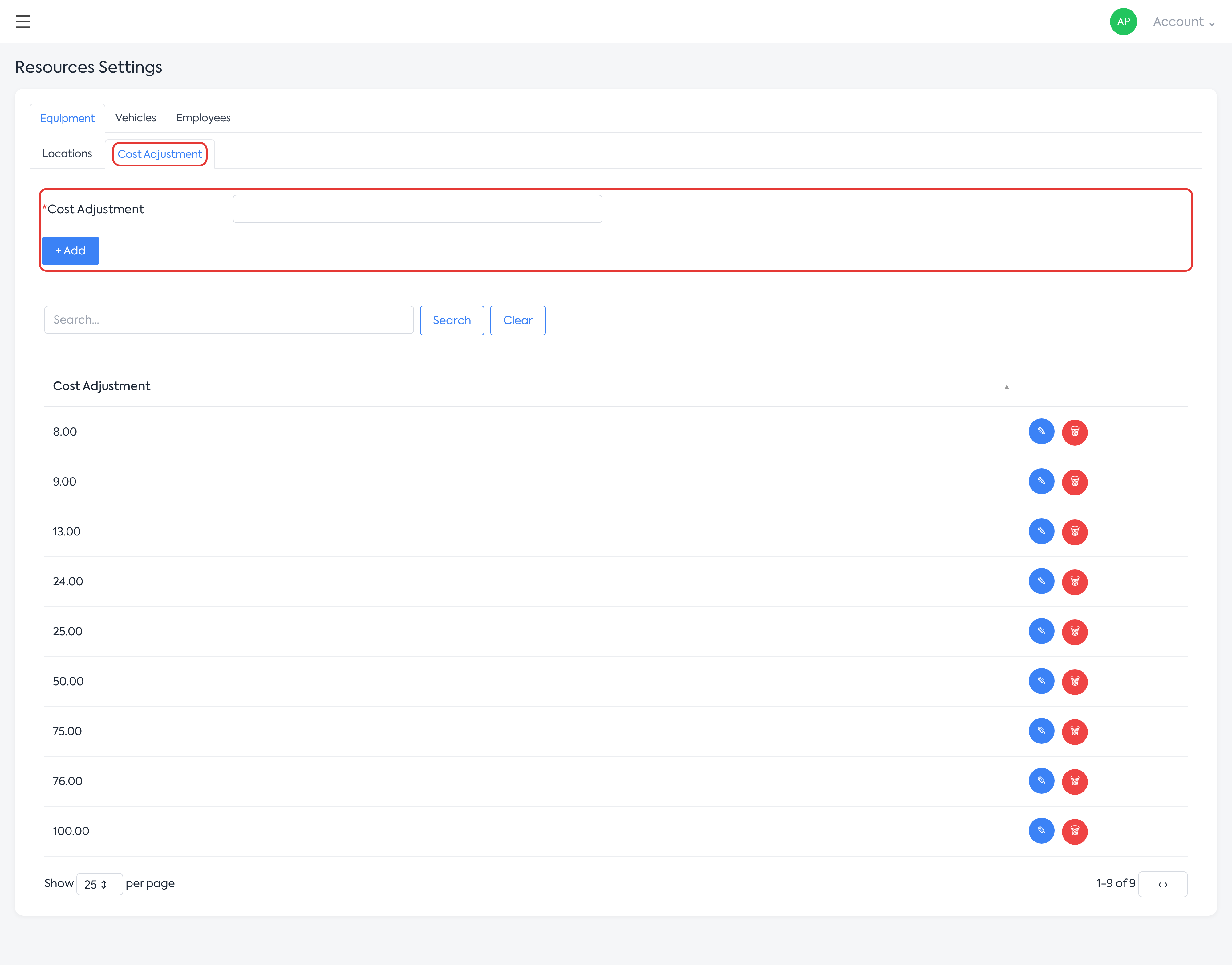 The Cost Adjustment sub-tab, with the add form and the list.