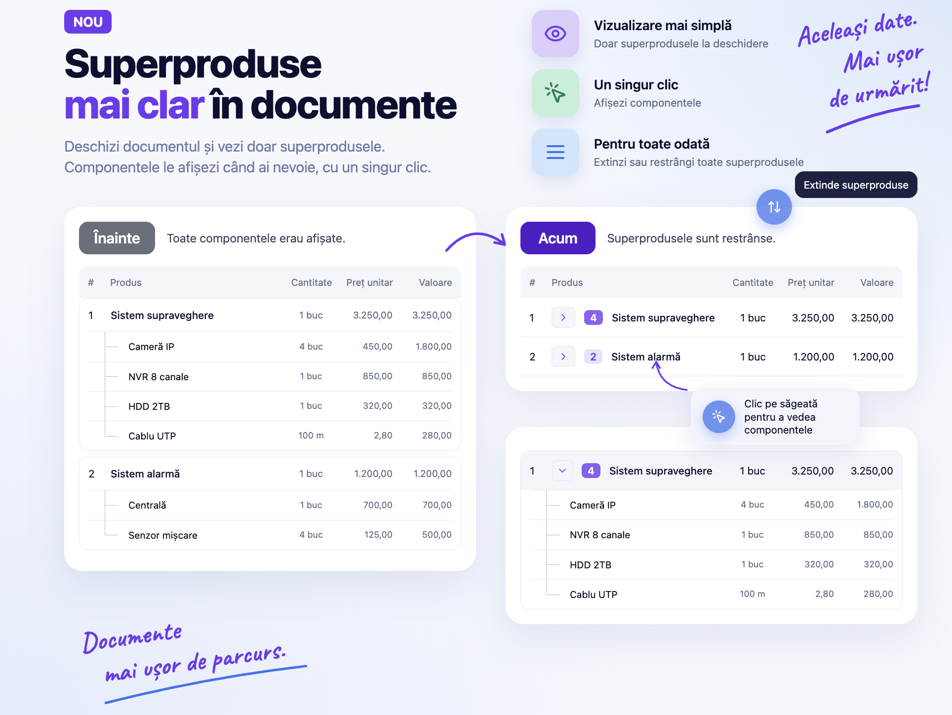 Superproduse mai clare în documente — componentele se afișează cu un singur clic