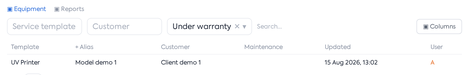 Title: Equipment list filtered by Warranty Status. - Description: Equipment list filtered by Warranty Status.