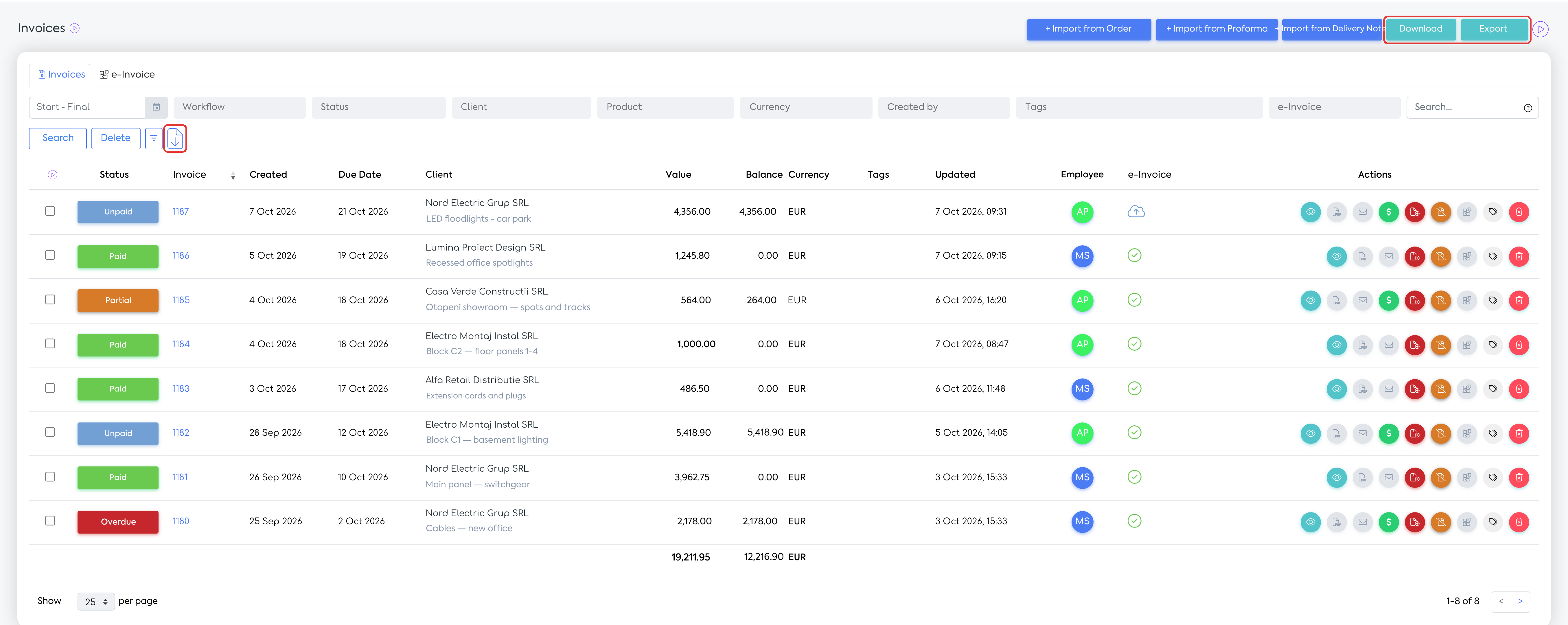 The invoice list: the Download and Export buttons and the Export Selection icon.