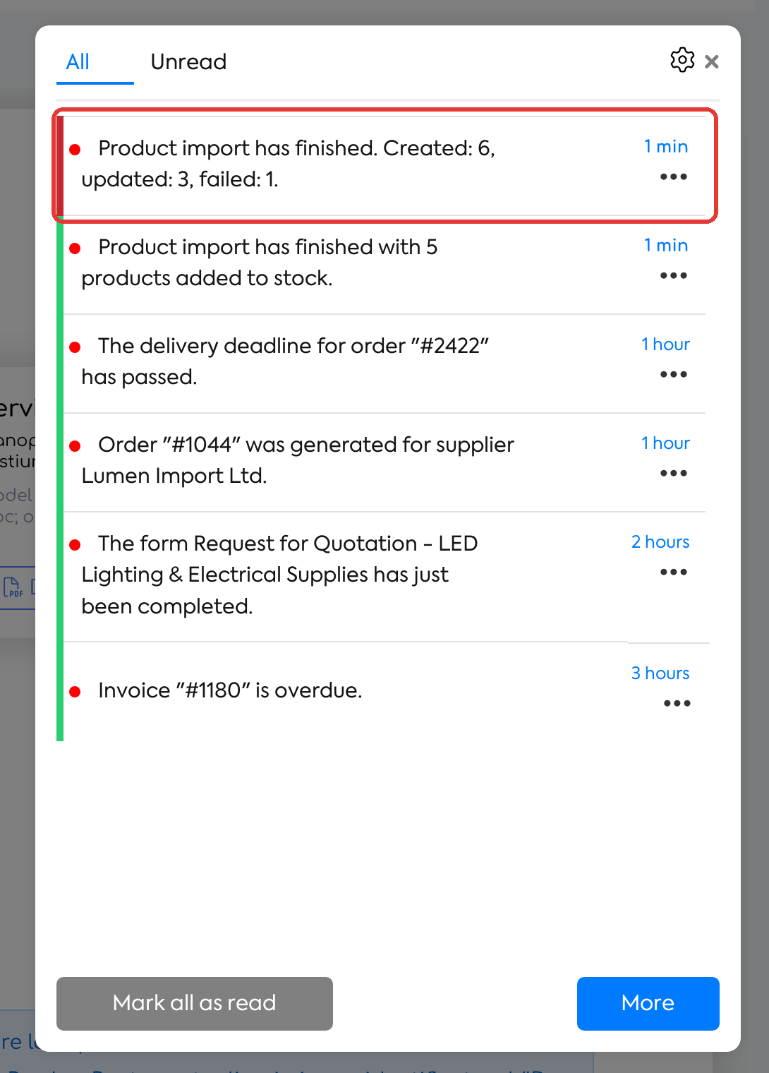 The notification received upon import completion, with the number of created, updated, and failed products.