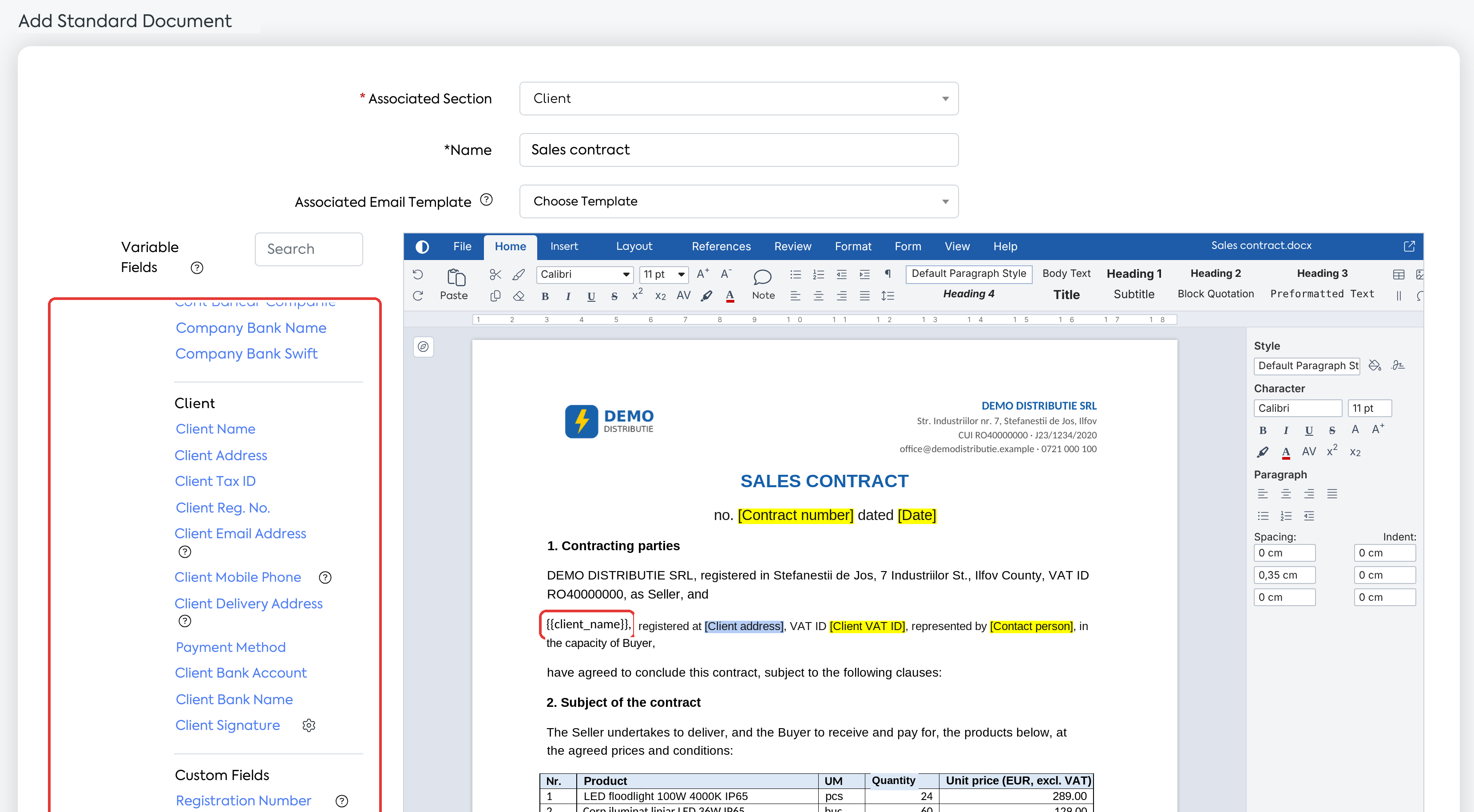 The placeholder for the client's name has been replaced with the Client Name field from the Variable Fields panel; the next placeholder is selected.