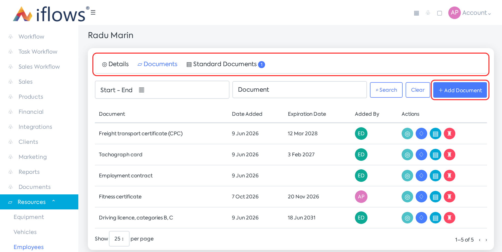 Documents tab in the employee file and the Add Document button.