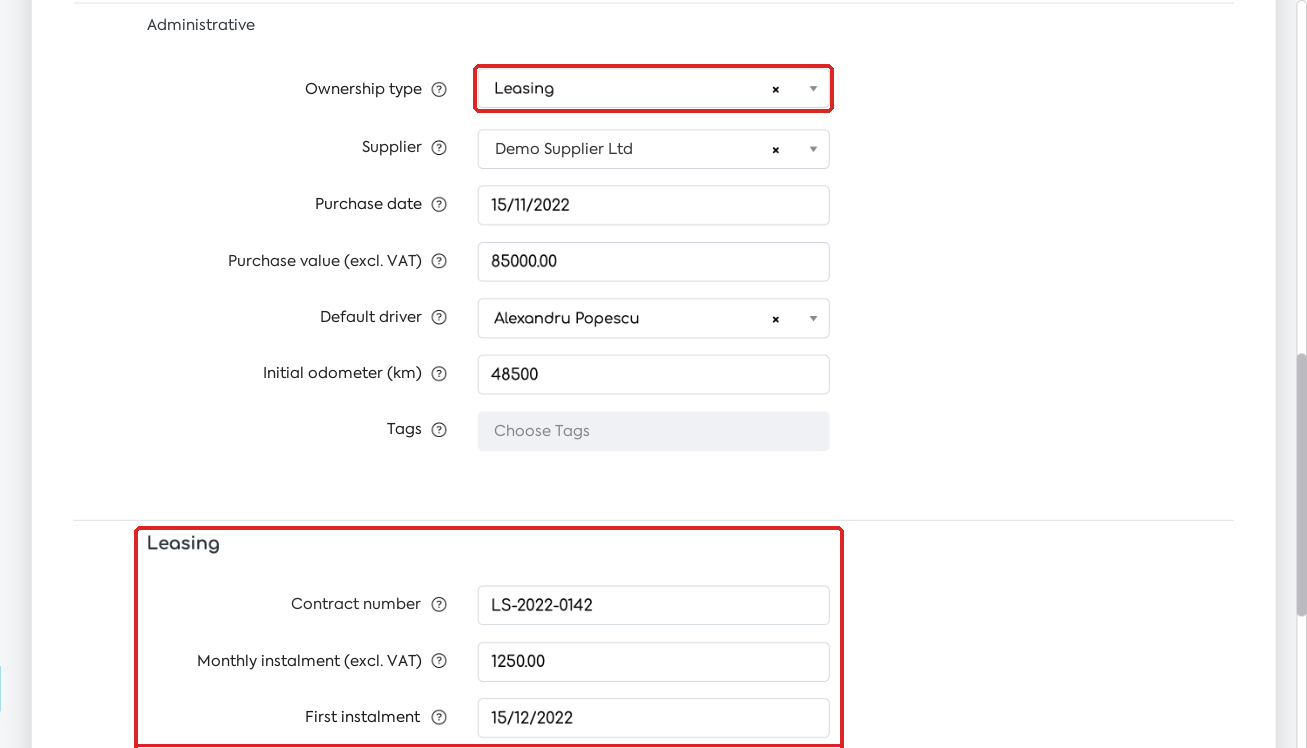 Ownership type Leasing: the section with the contract data appears.