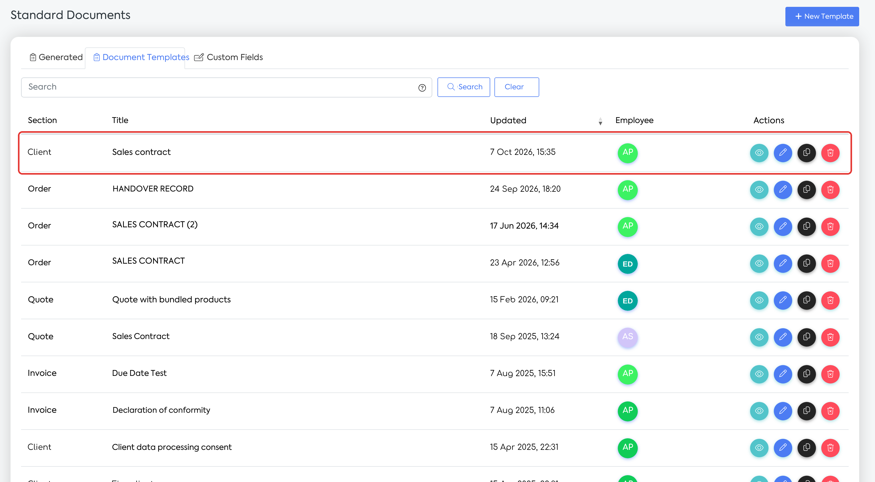 The imported template appears in the Standard Templates tab.