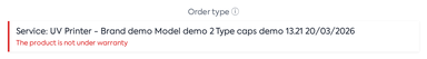 Title: Warranty status displayed in the service order, under the equipment. - Description: Warranty status displayed in the service order, under the equipment.