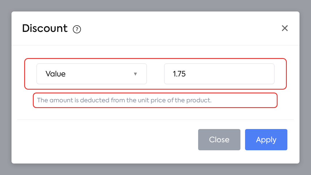 Discount window with type Value and amount 1.75