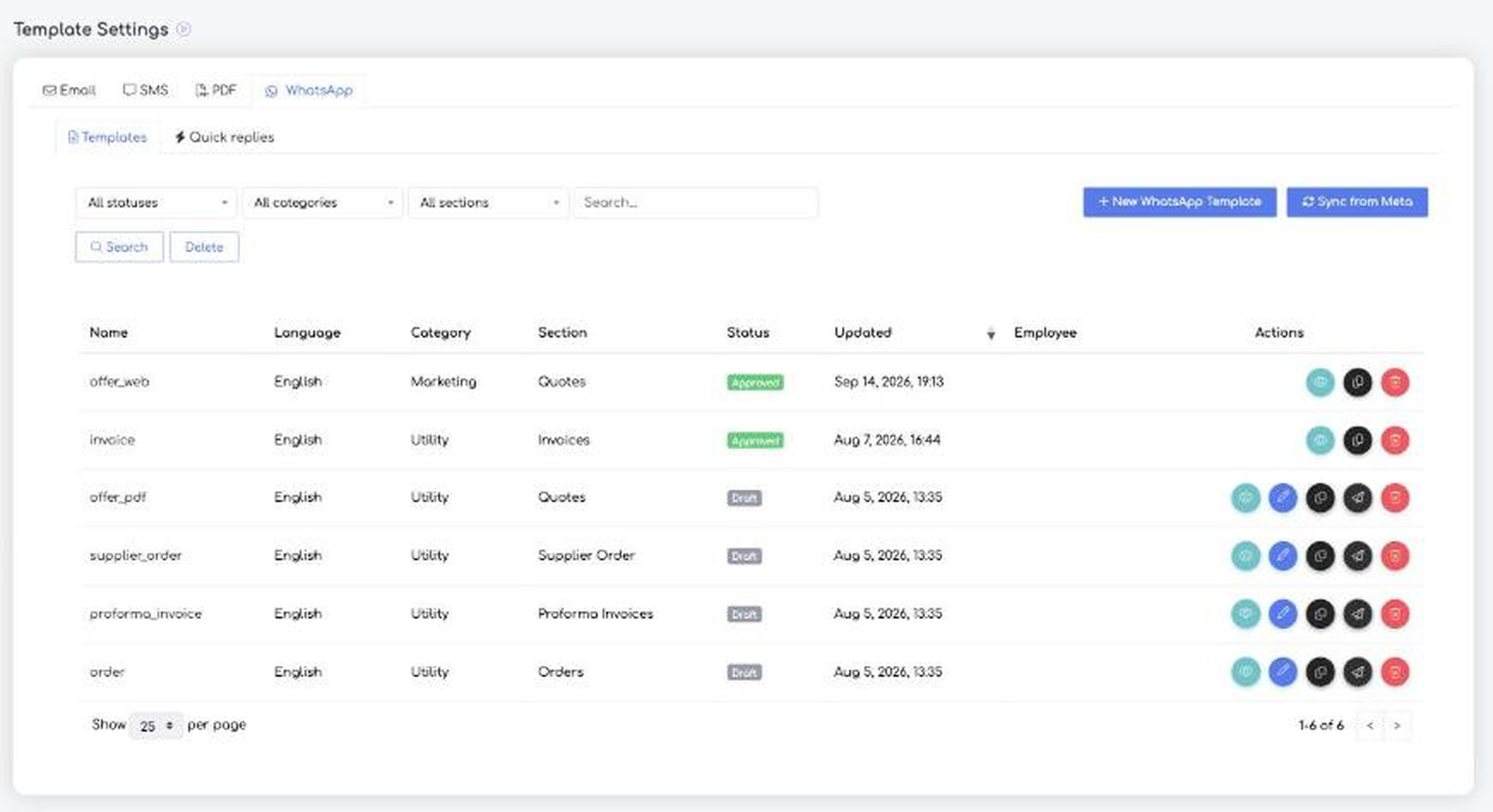 WhatsApp templates list in Template Settings, showing name, language, category, section and status for each template