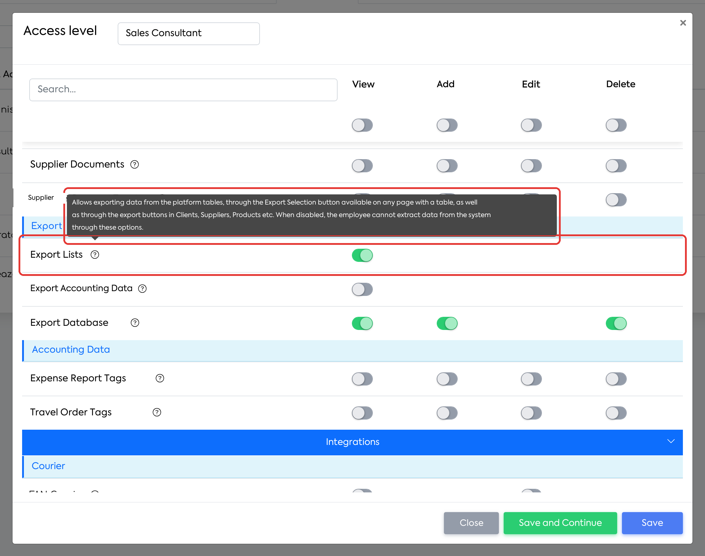 The Export Lists row, the first in the Export subcategory, with the explanation of the “?” icon.