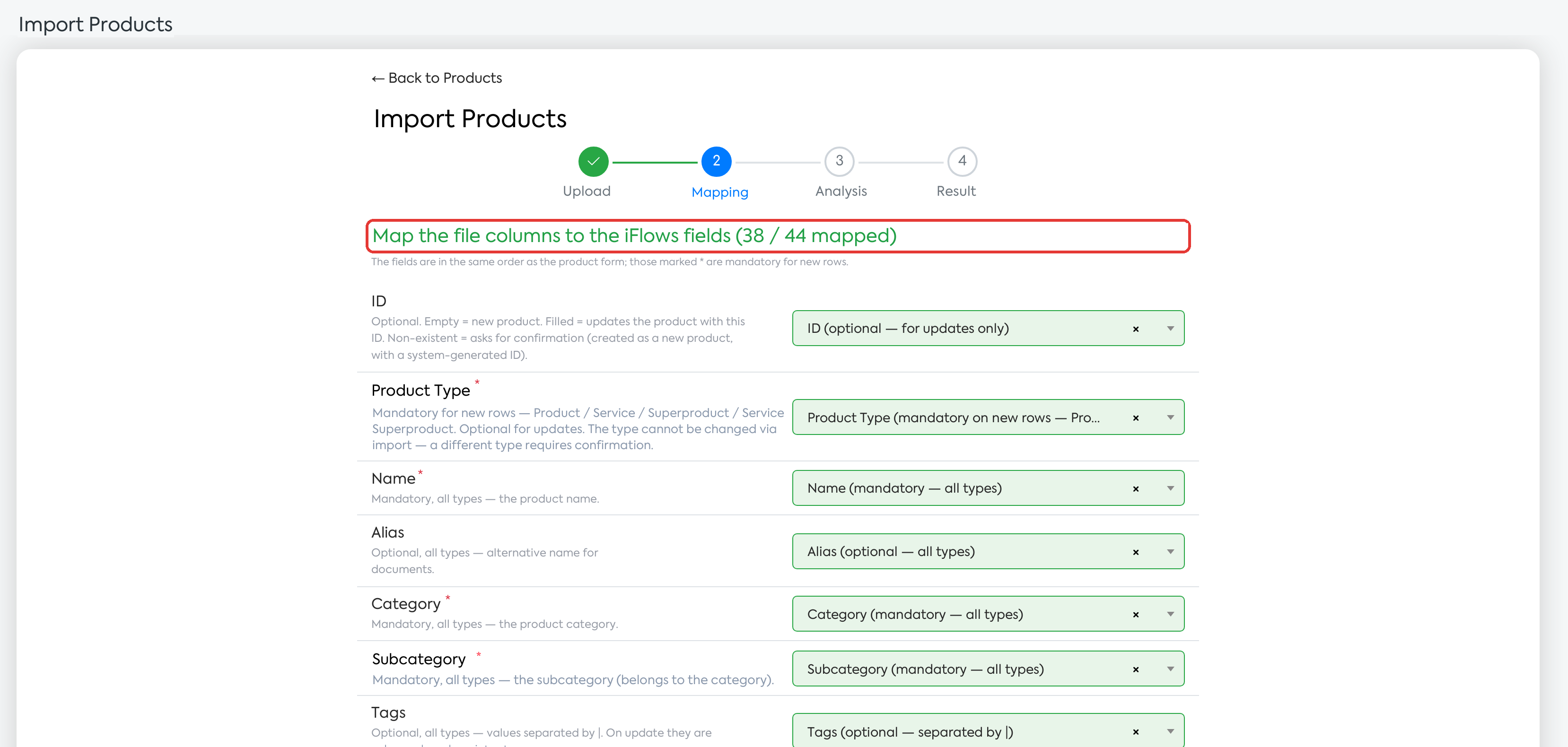 The Mapping step: the title shows how many iFlows fields were automatically mapped (38 out of 44).