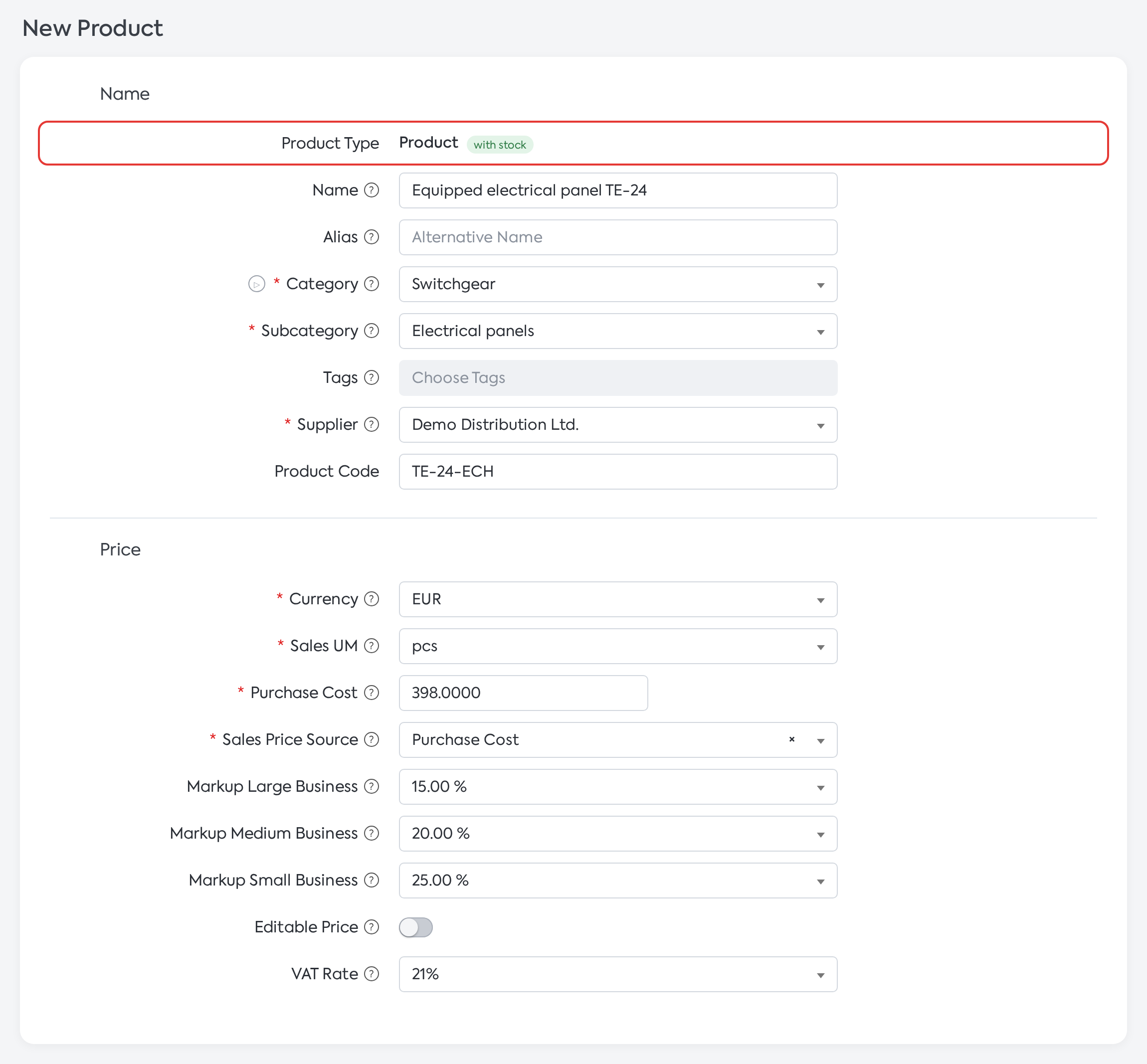 New Product form: the Product Type row, displayed for information only, and the Name and Price sections