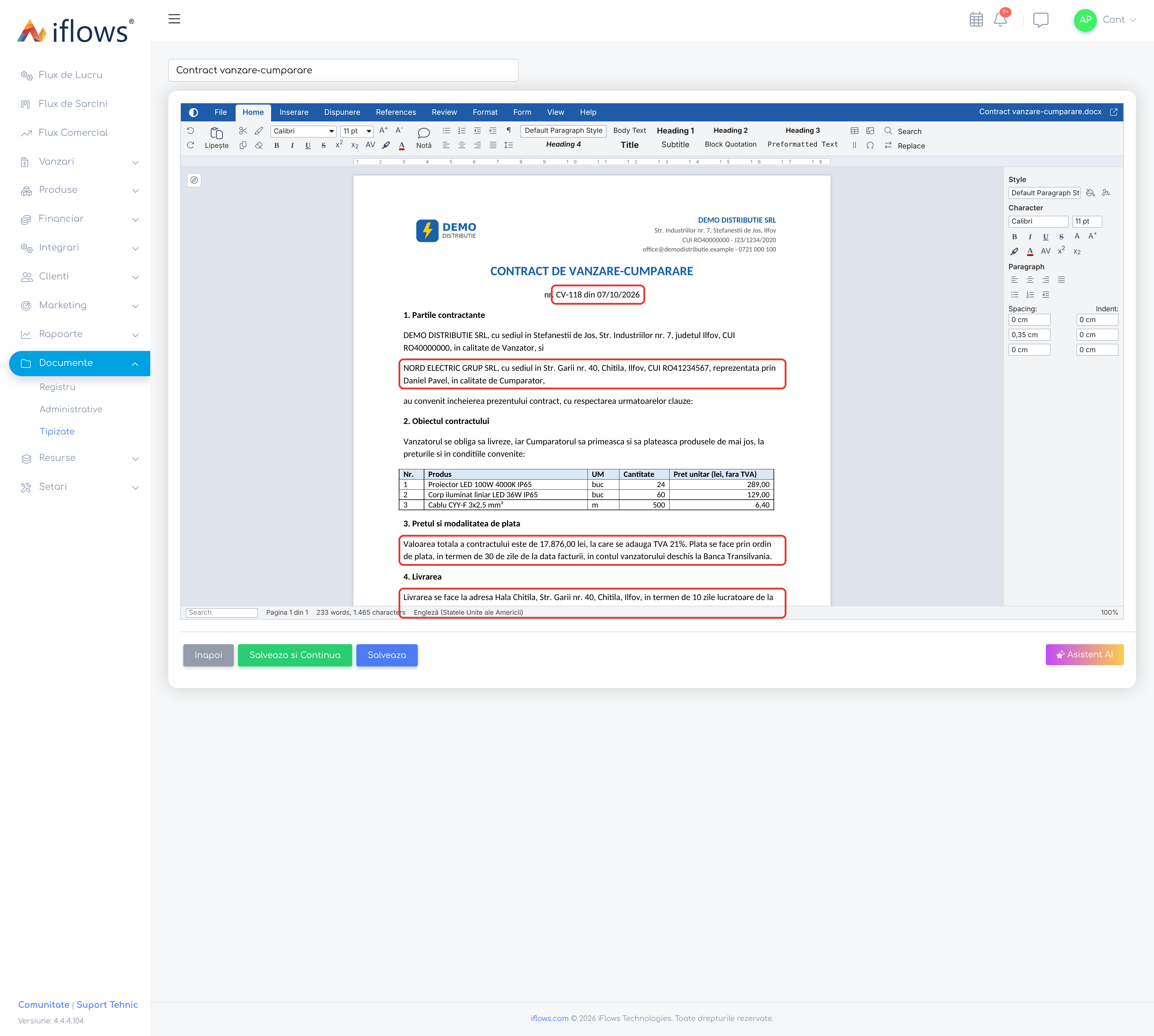 Documentul generat din șablonul importat: datele clientului și ale contractului sunt completate, iar formatarea Word este păstrată.