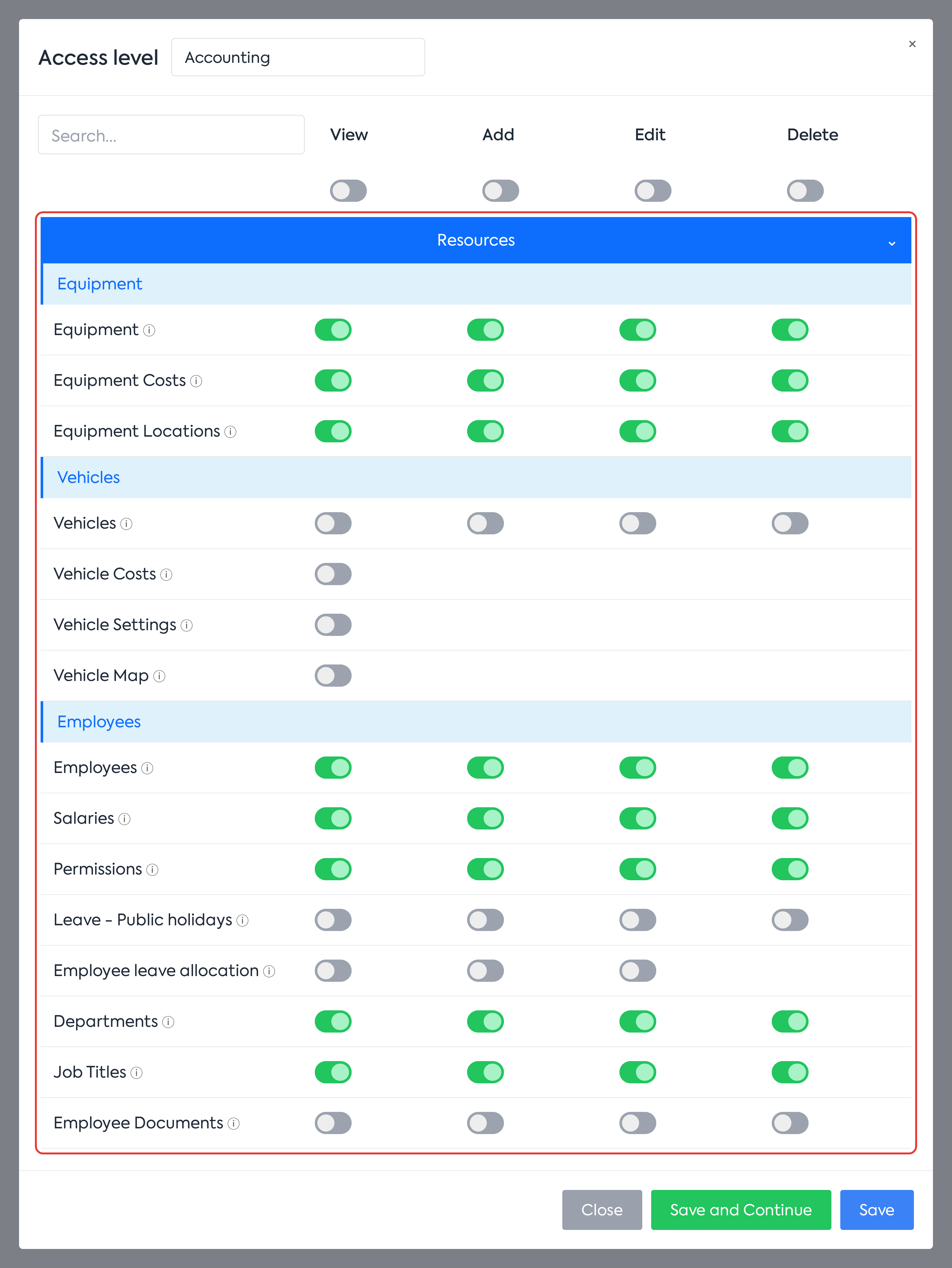 The access level window: the Resources category, with its subcategories and rights.