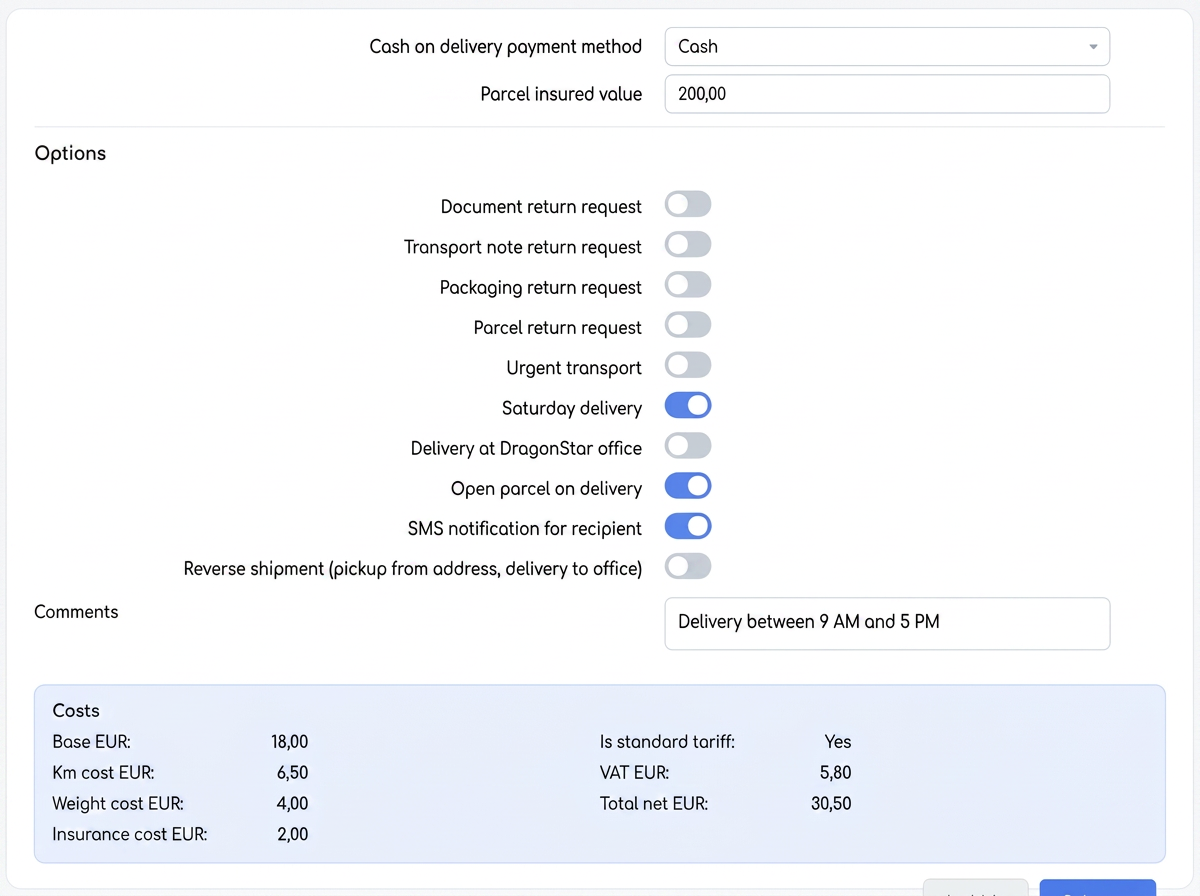 Title: Shipment options and costs displayed after rate calculation. - Description: Shipment options and costs displayed after rate calculation.