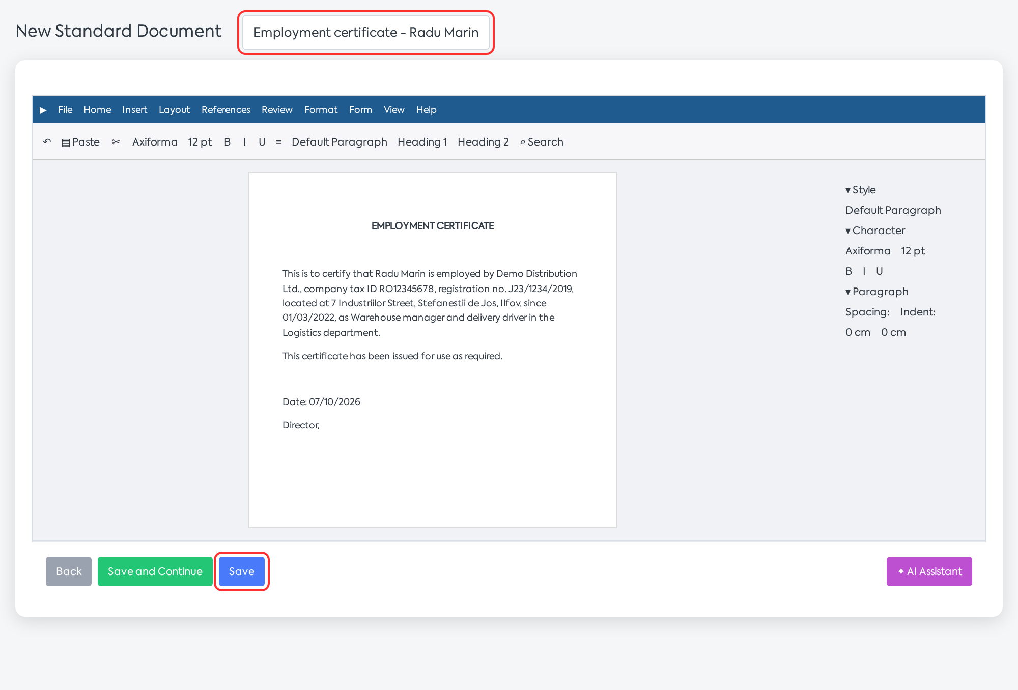 Filled certificate, modified title, and the Save button.