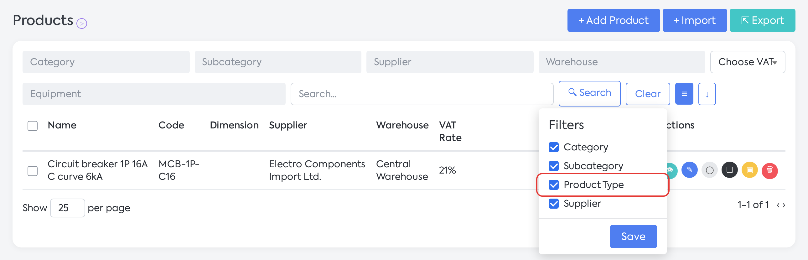 Filter Options: checking Product Type activates the filter and the column