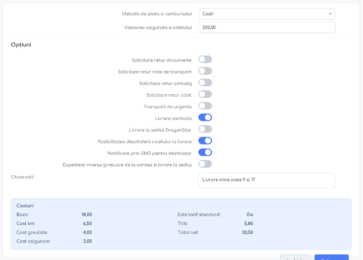 Title: Opțiunile expediției și costurile afișate după calcularea tarifului. - Description: Opțiunile expediției și costurile afișate după calcularea tarifului.