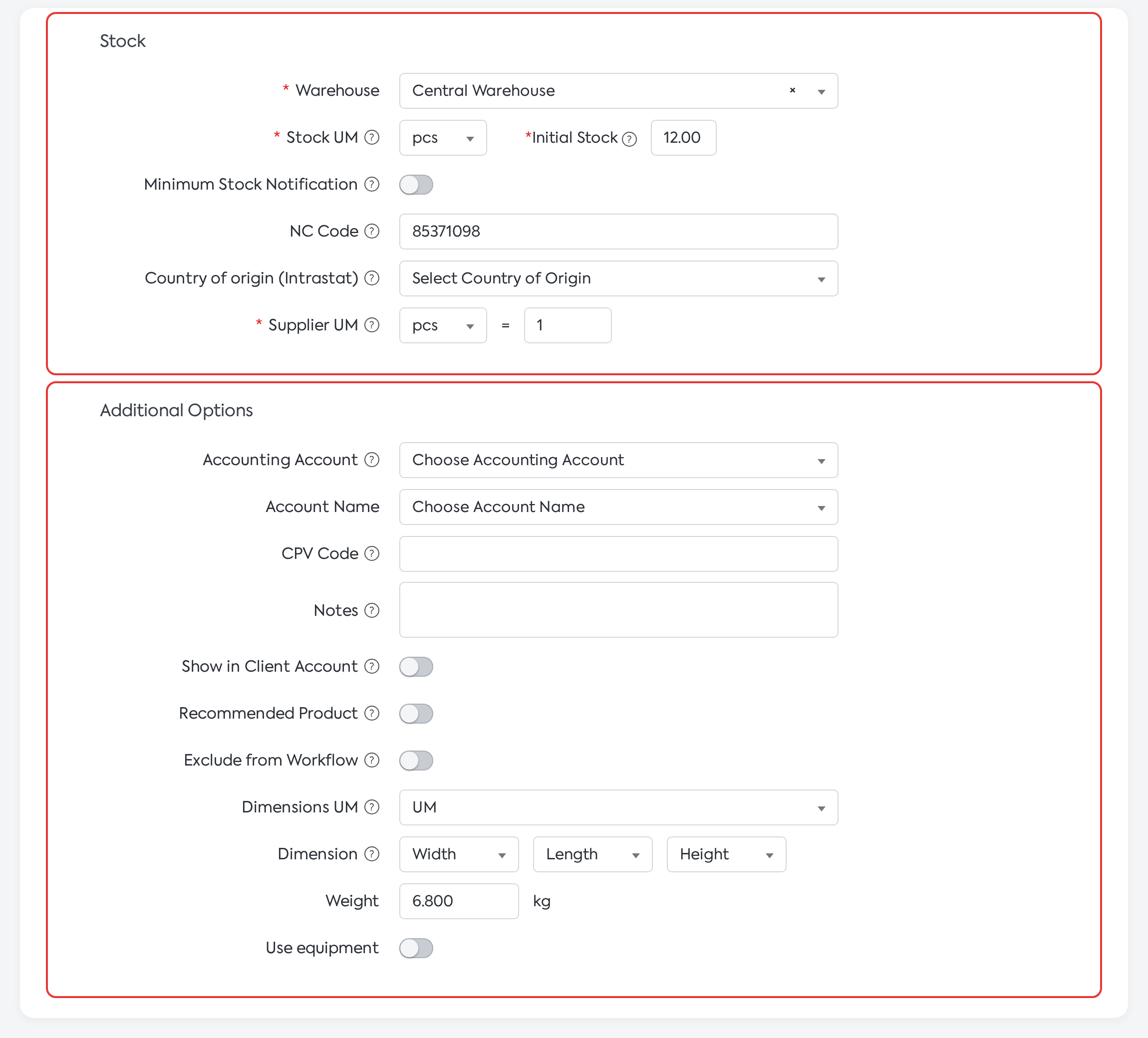 The Stock and Additional Options sections for the Product type