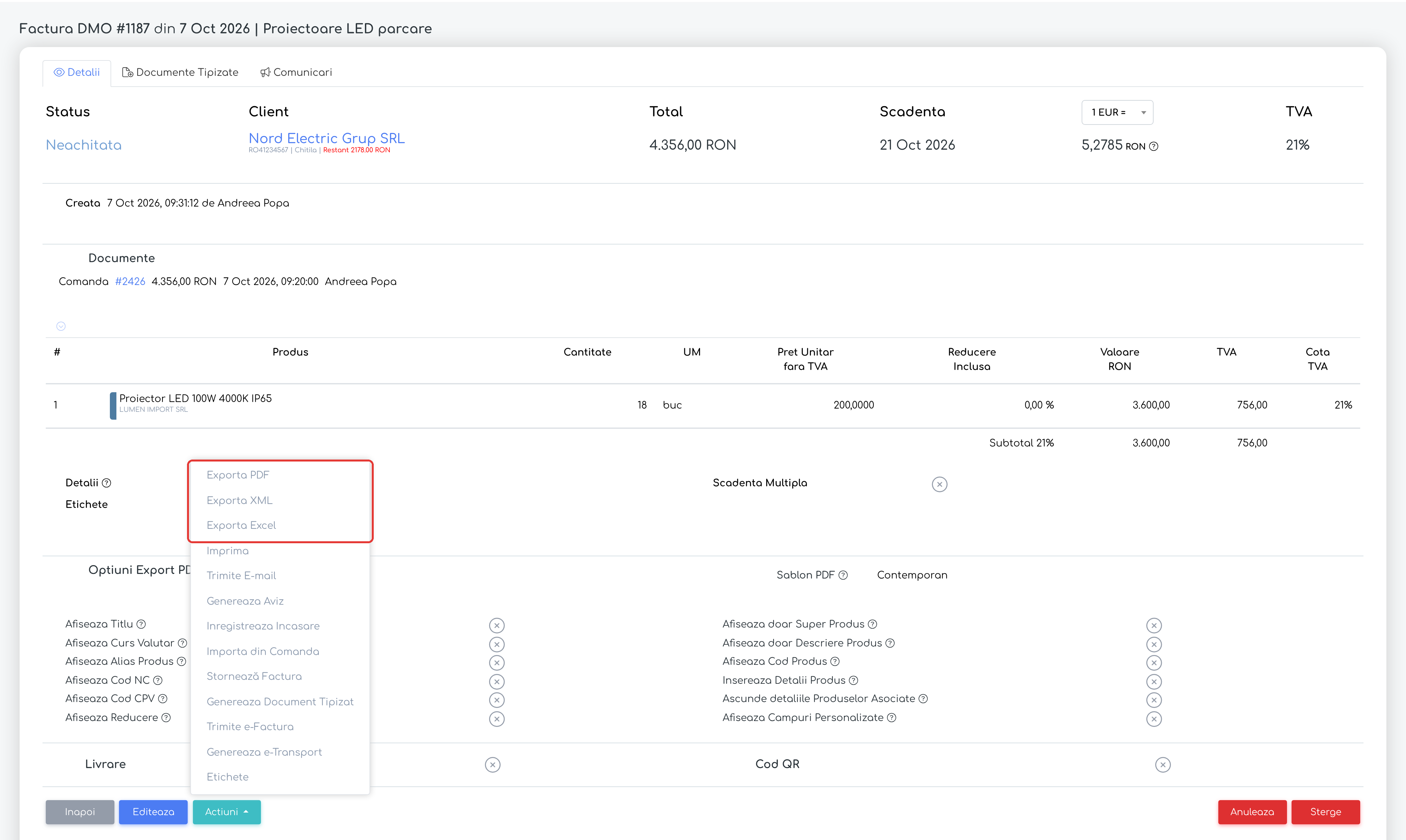 Pagina unei facturi: opțiunile Exporta PDF, Exporta XML și Exporta Excel din Actiuni rămân disponibile și fără Export Liste.