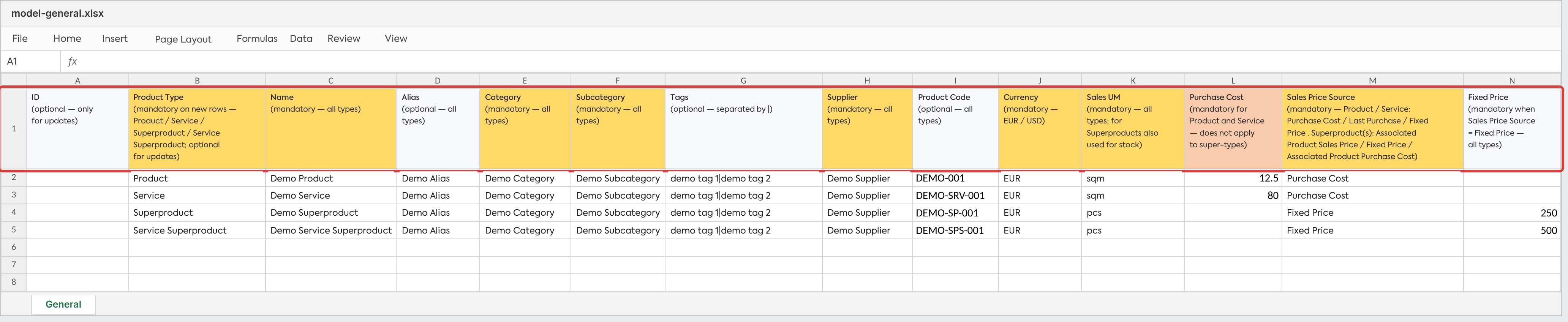 The General template open in Excel: the header is colored by column type, and each header cell explains the column's rule.