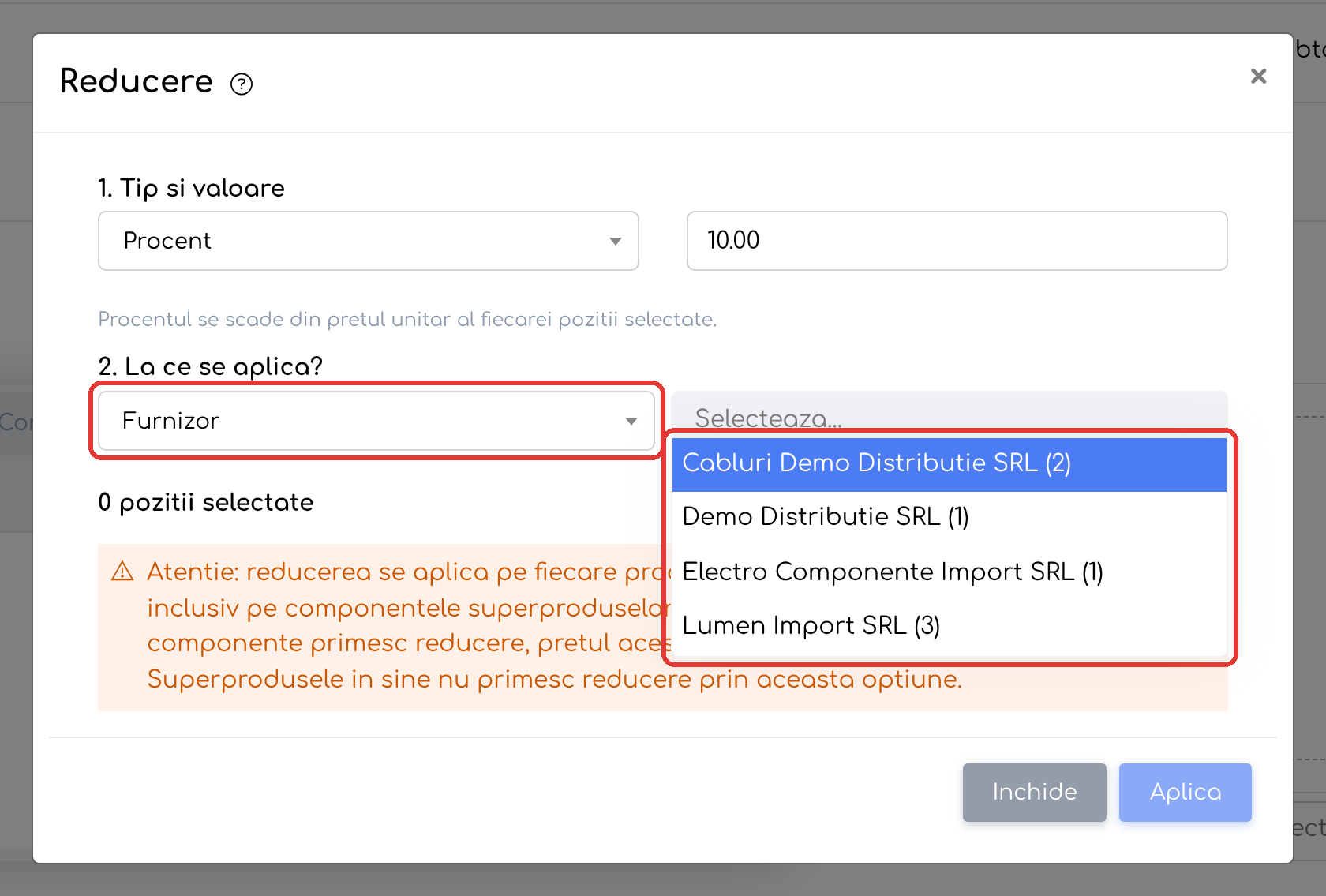 Lista furnizorilor din document, fiecare cu numărul de poziții