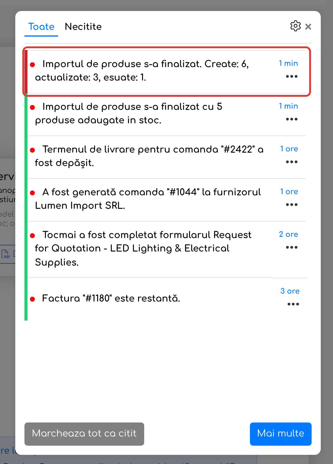Notificarea primită la finalizarea importului, cu numărul de produse create, actualizate și eșuate.