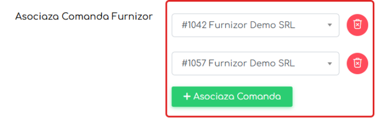 Sectiunea Asociaza Comanda Furnizor cu doua comenzi asociate