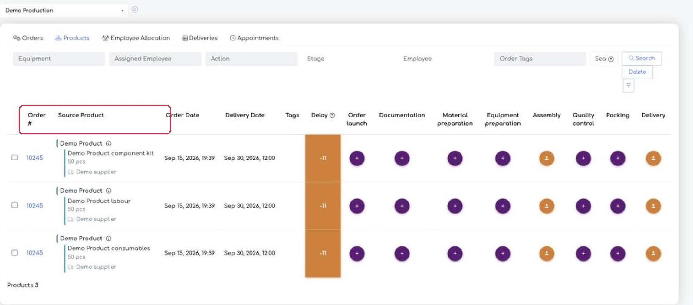 The operator’s view: the Client column is gone, and the job is
identified by the order number and the product