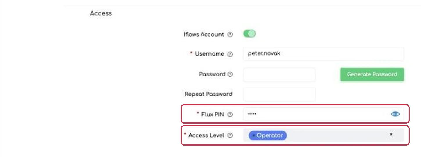The Access section of the employee card: Flux PIN and Access
Level