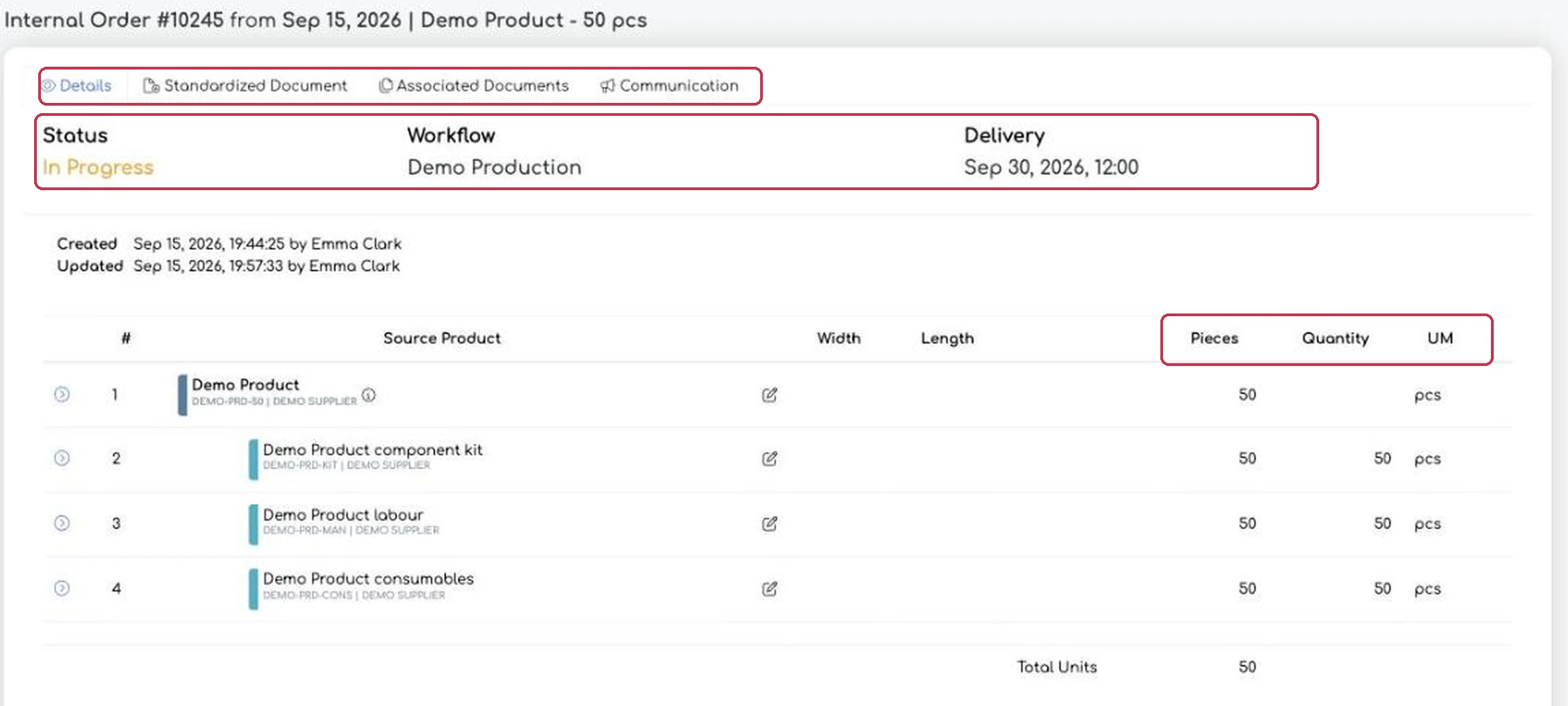 The operator’s view: the status, the workflow, the delivery date,
the products and the quantities remain. Nothing else is
displayed