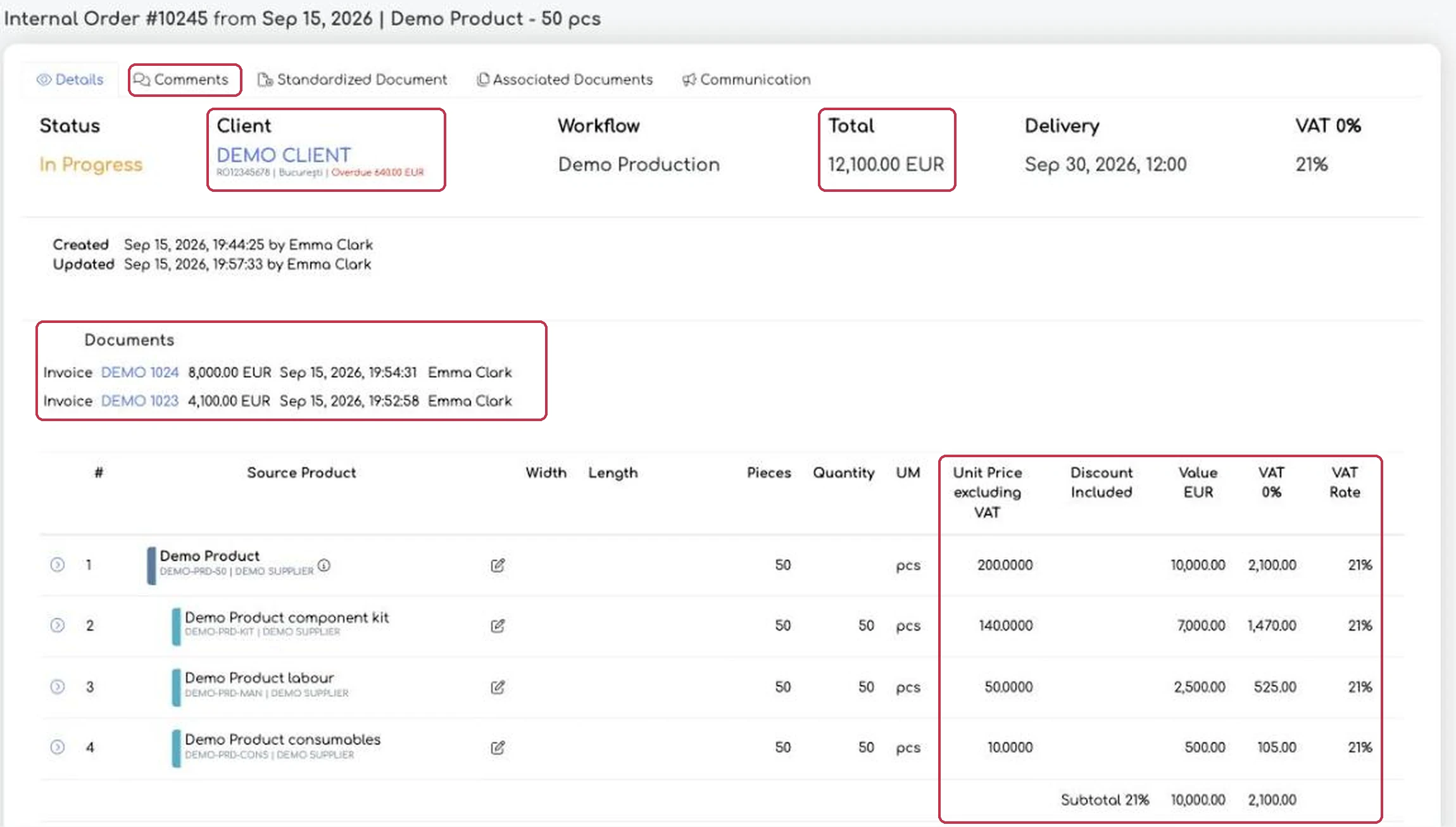 Full view: the Comments tab, the customer, the total, the
Documents section and the price columns