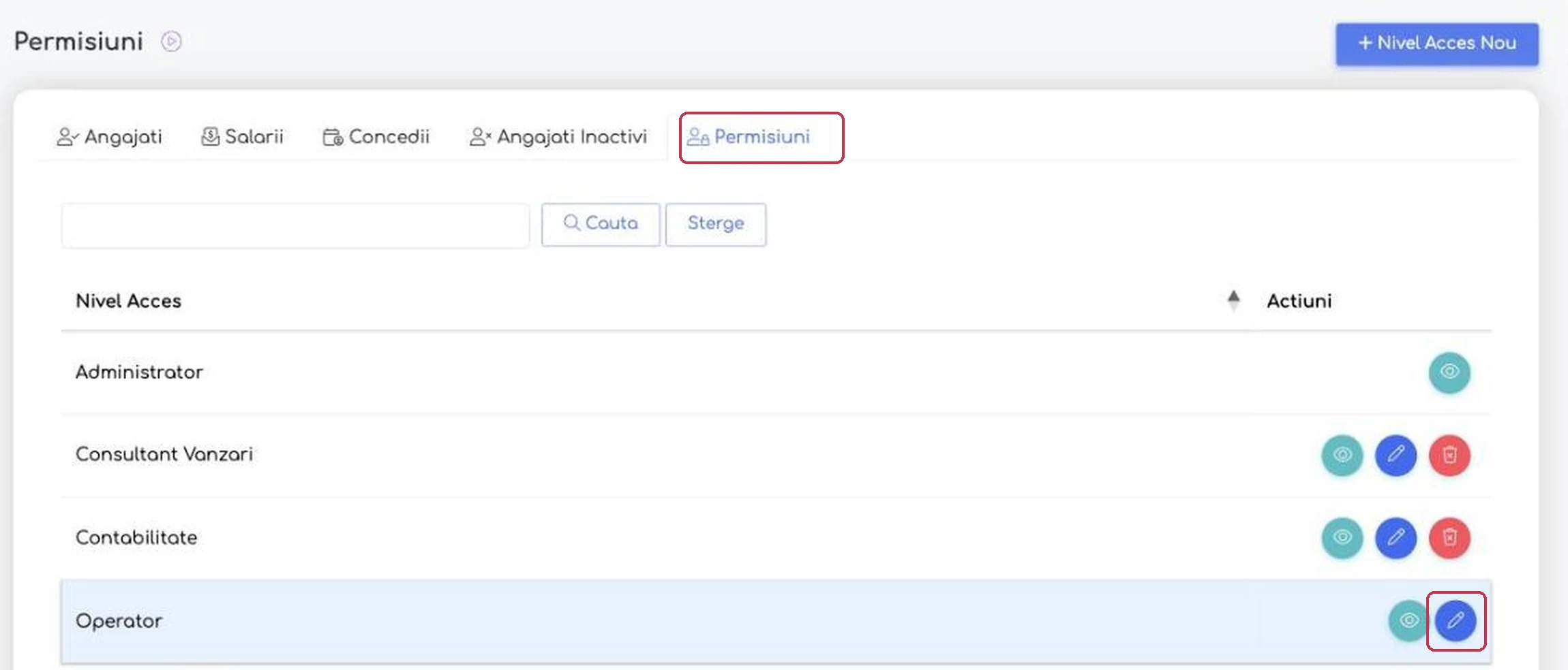 Tab-ul Permisiuni și butonul de editare a nivelului
„Operator”