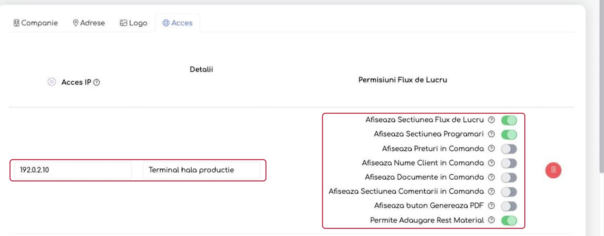 Un terminal de hală configurat restrictiv: vede Fluxul de Lucru
și Programările, dar nu vede prețuri, nume de client, documente sau
comentarii
