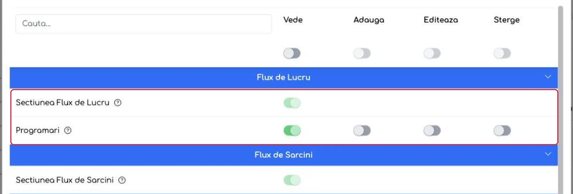 Permisiunile fixe ale nivelului „Operator” și cele patru drepturi
separate pentru Programări