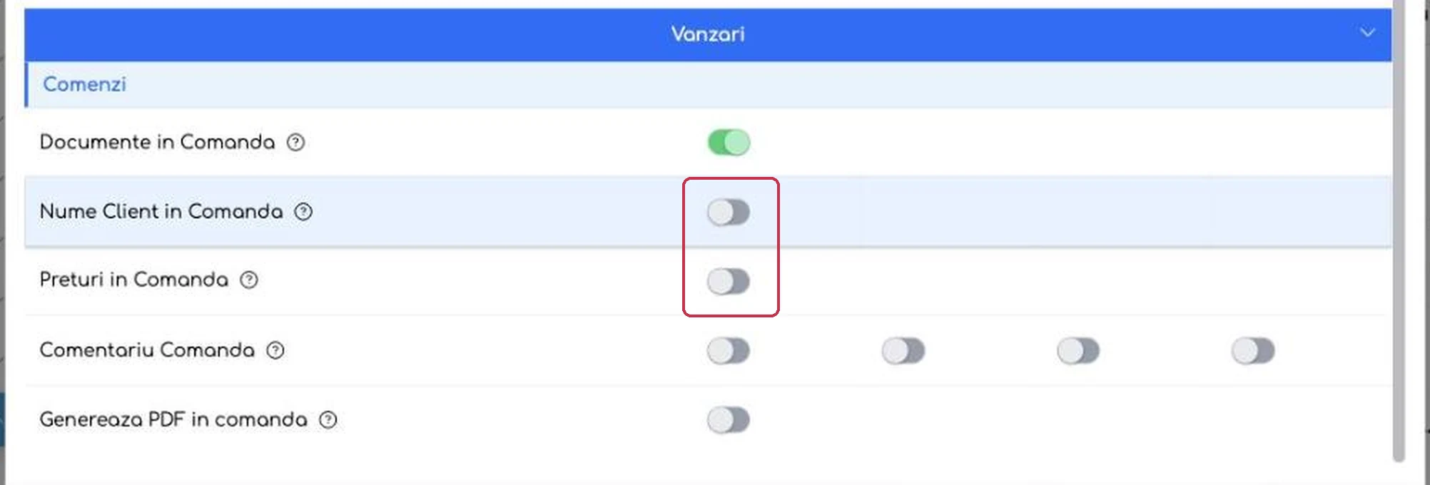 Cele două comutatoare oprite. Modificarea se aplică apăsând
Salvează