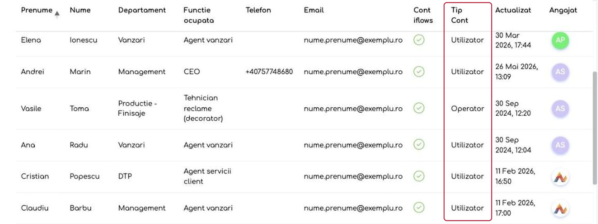 Coloana Tip Cont din lista de angajați