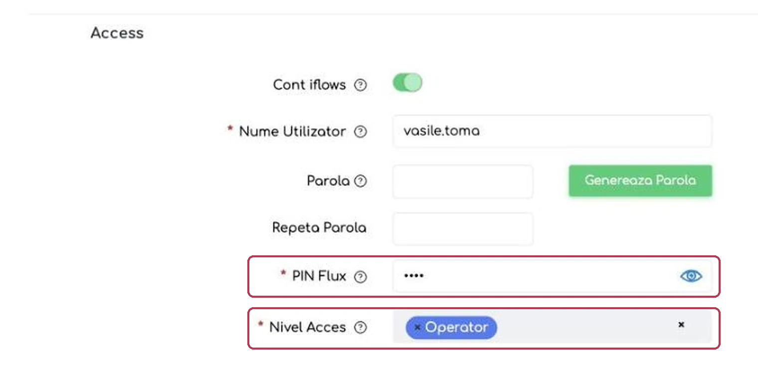 Secțiunea Access din fișa angajatului: PIN Flux și Nivel
Acces