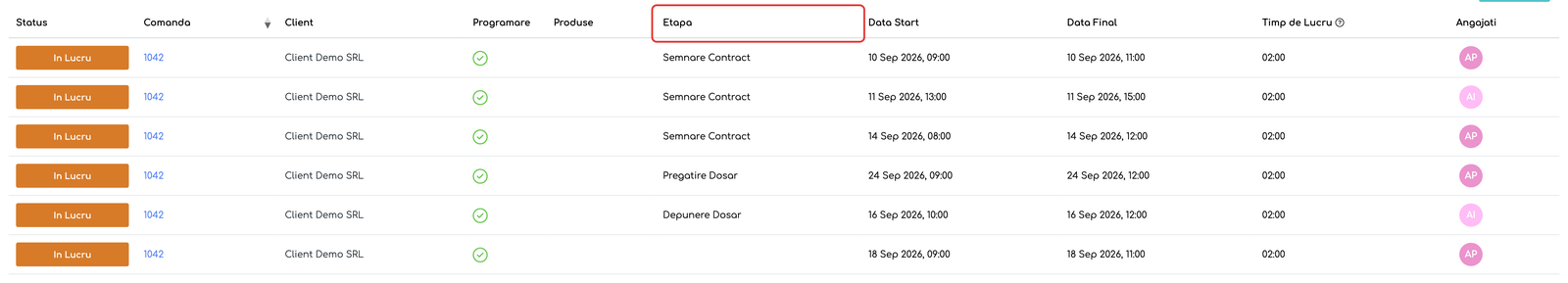 Lista programări cu coloana Etapa între Produse și Data Start