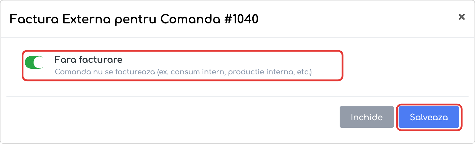 aceeași fereastră cu comutatorul pornit